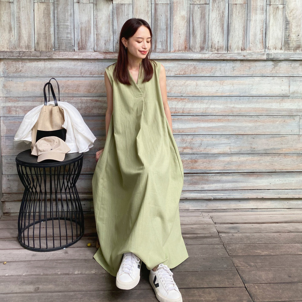 【着丈調整可能】すっきり華奢見せAライン コットン キーネック ノースリ ワンピース　ピスタチオ　0655PT