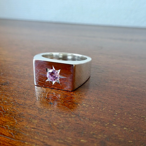 仁尾彫金『一つ星5mmピンクジルコニア、プラチナ印台リング
