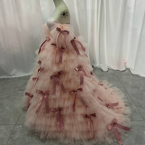 韓国風カラードレス もこもこ薄いピンク 2ways チュールドレス