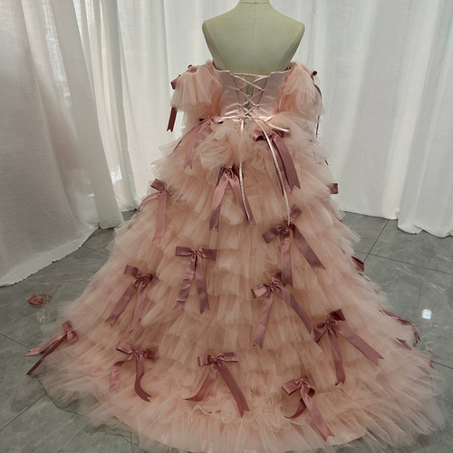 【値下げしました！】くすみピンク ボリューム チュール ティアードドレス フリルボリュームチュール×バックシャンコードロングドレス