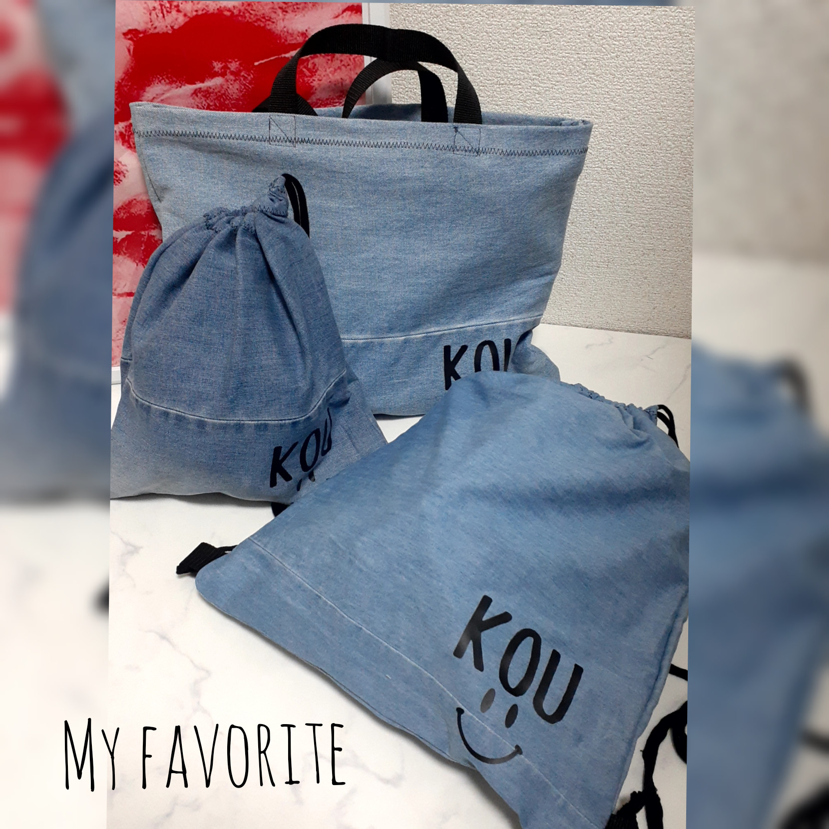 入学グッズ　給食袋&レッスンバッグ&ナップサックセット名前入り　にこちゃん 星　アメリカン　入学グッズ　入園グッズ