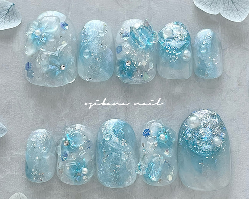 うるつや紫陽花ネイル♡⃜ あじさい ブルー 水色 ネイルチップ
