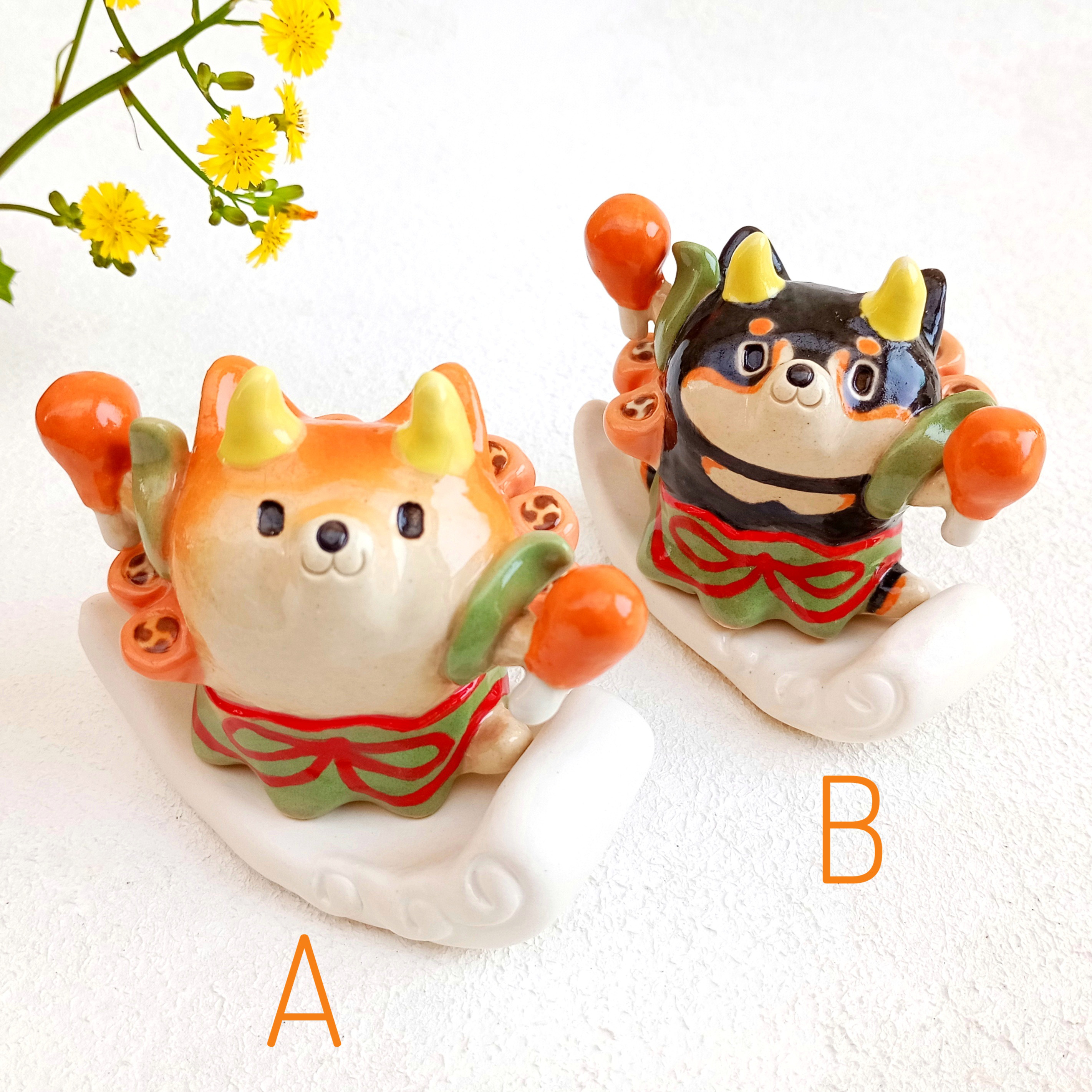 小さな雷神柴犬置物　陶器　受注製作