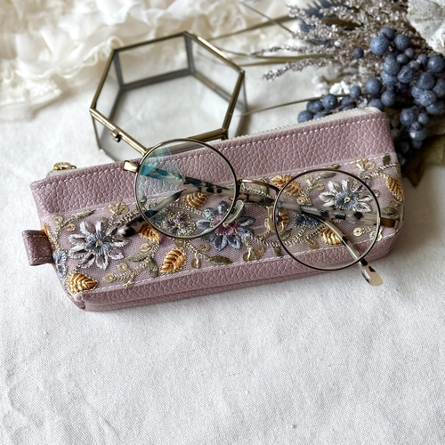 インド刺繍リボンと合皮のポーチ メガネケースorペンケース ポーチ