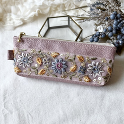 インド刺繍リボンと合皮のポーチ メガネケースorペンケース ポーチ
