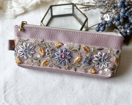 インド刺繍リボンと合皮のポーチ メガネケースorペンケース ポーチ