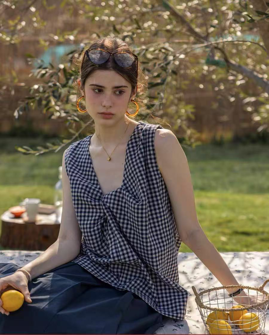 ノースリーブ　チェック柄トップス　コットンリネン　オリジナルデザイン