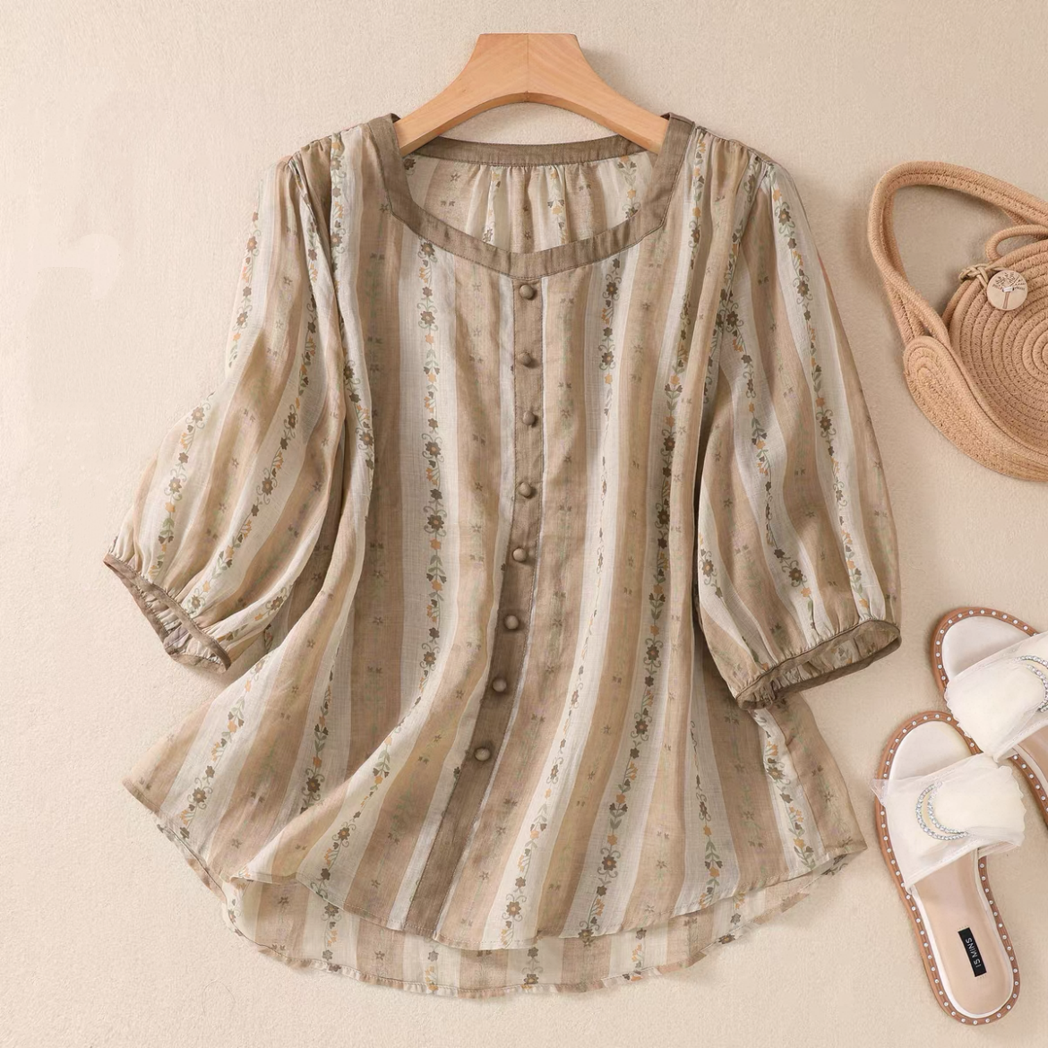 ゆったりトップス、シャツ、綿麻、無地、夏、大人、春色、刺繍