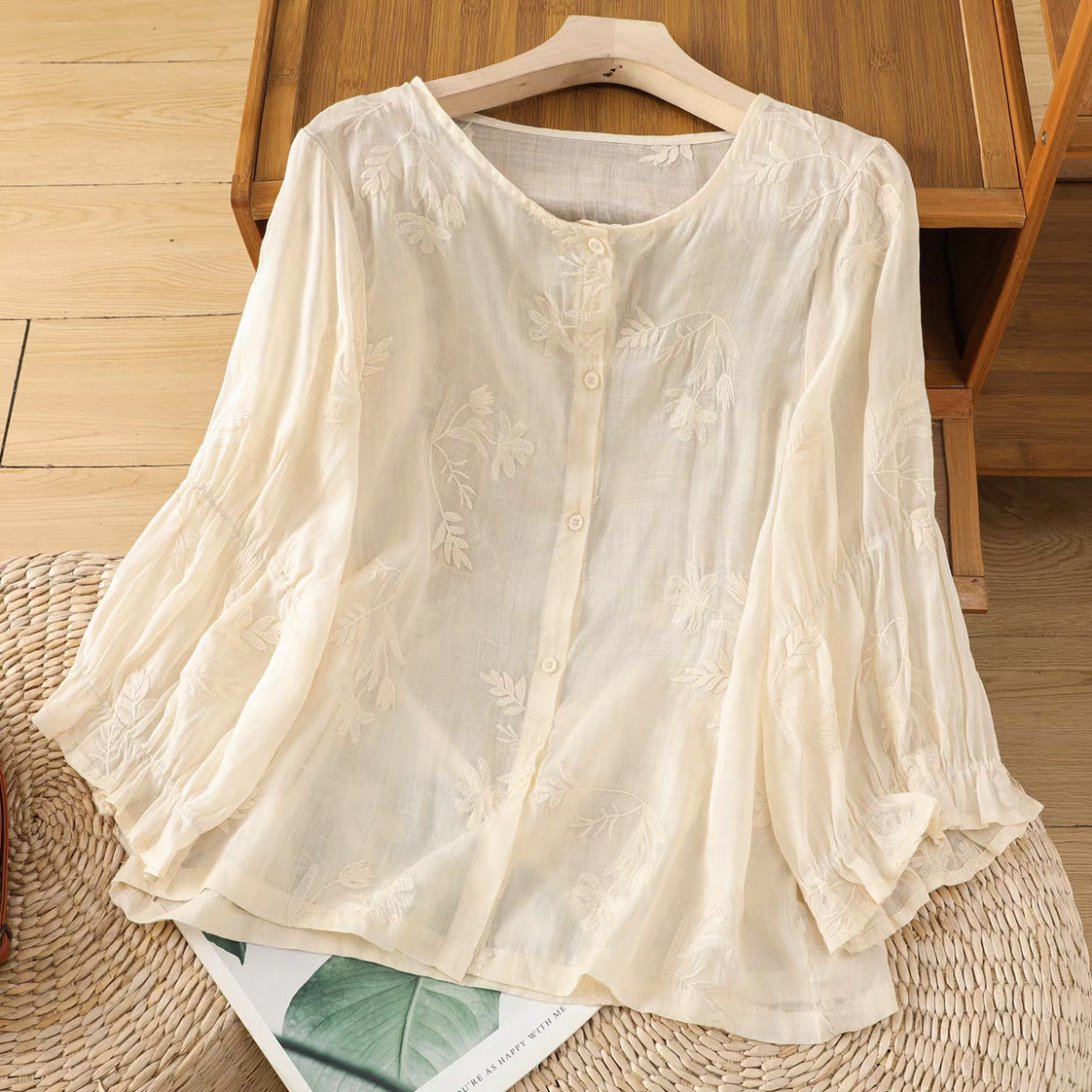 ゆったりトップス、シャツ、綿麻、無地、夏、大人、春色、刺繍