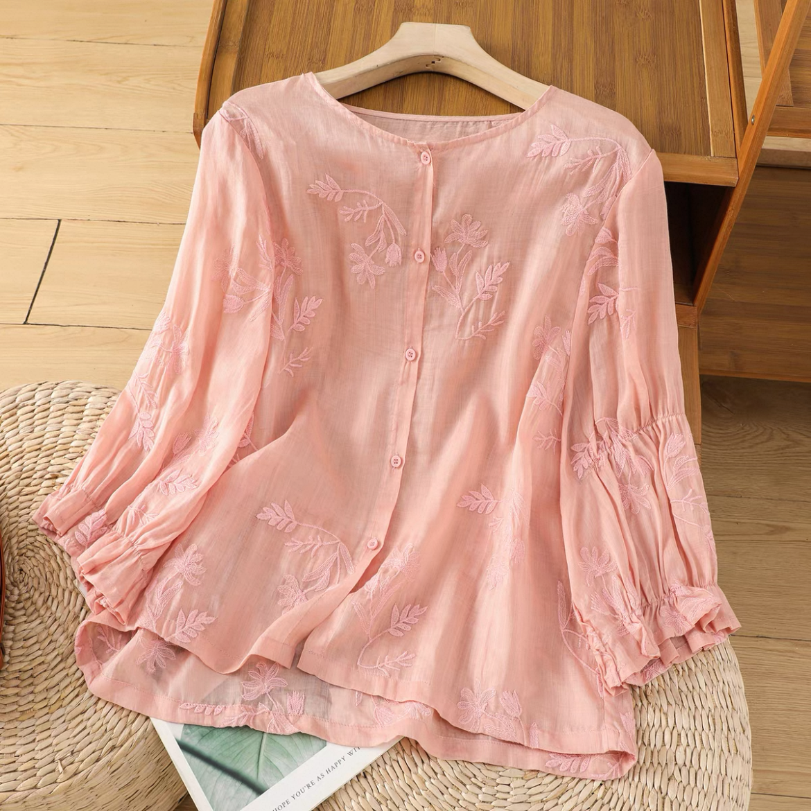 ゆったりトップス、シャツ、綿麻、無地、夏、大人、春色、刺繍