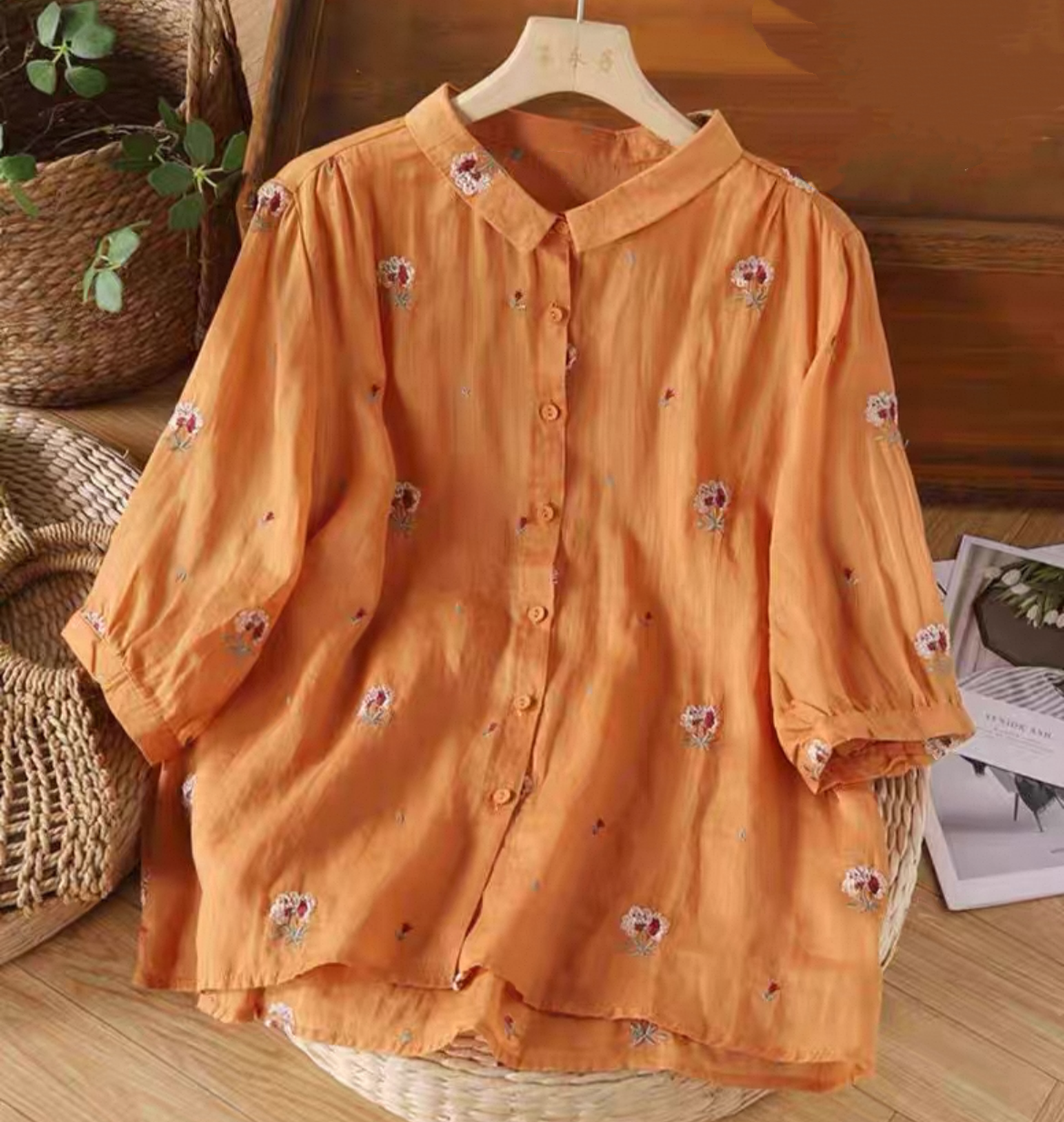 ゆったりトップス、シャツ、綿麻、無地、夏、大人、春色、刺繍