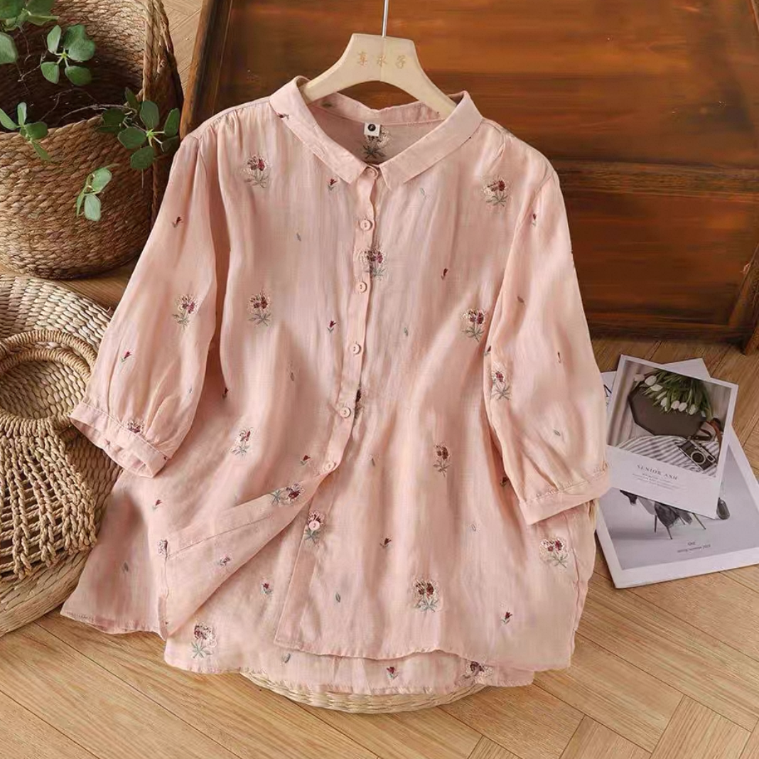 ゆったりトップス、シャツ、綿麻、無地、夏、大人、春色、刺繍