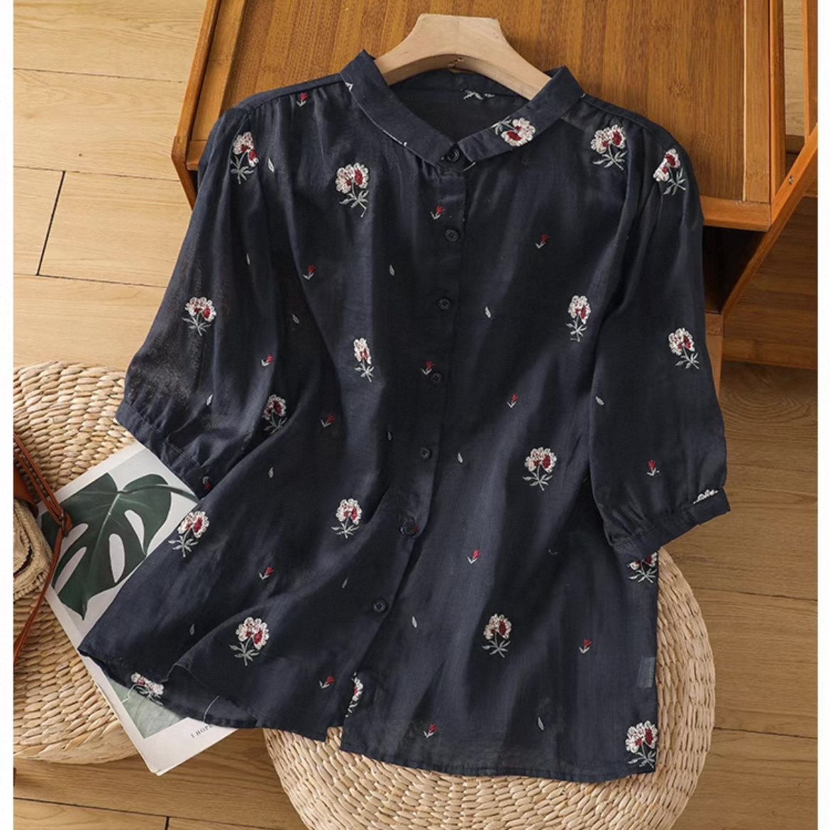 ゆったりトップス、シャツ、綿麻、無地、夏、大人、春色、刺繍