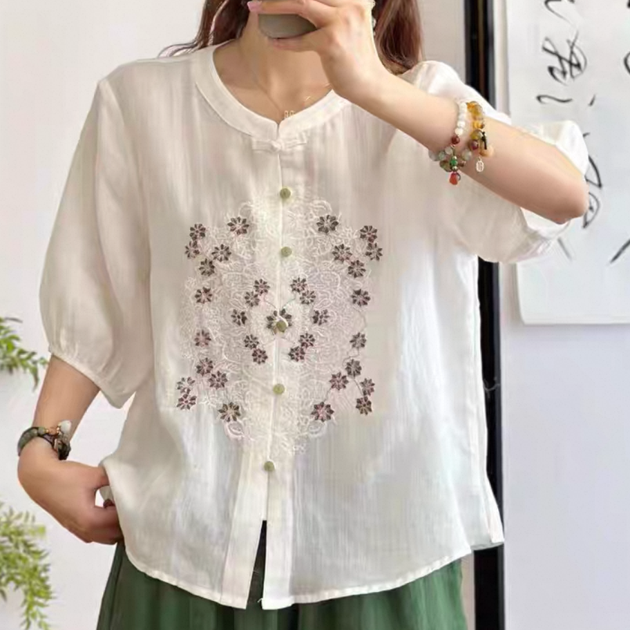 ゆったりトップス、シャツ、綿麻、無地、夏、大人、春色、刺繍