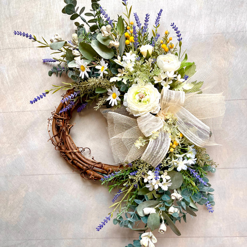 真っ赤なラナンキュラスとラベンダーのリース No.wreath-15559/ラナンキュラスとラベンダーのリース25-(1)58x40