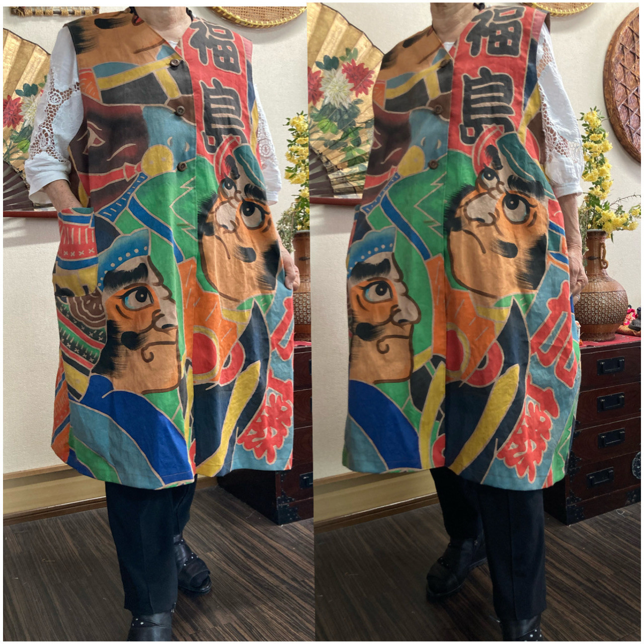 のぼり旗の柿渋染め前開きロングベスト　　　　　古布リメイク