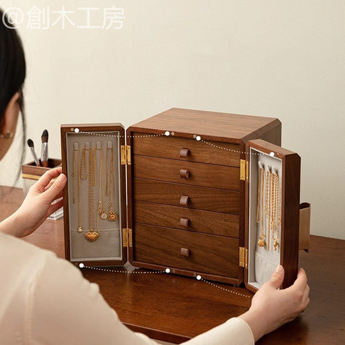 独特な 【送料無料】 北欧風 5段引き出し 大容量 木製 花柄のアクセサリーボックス 小物入れ