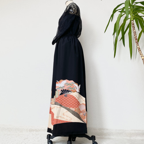 大人可愛いセレブ着物スカートフリーサイズ黒留袖着物リメイクロングスカート2321 大人可愛いセレブ着物スカートフリーサイズ黒留袖着物リメイク