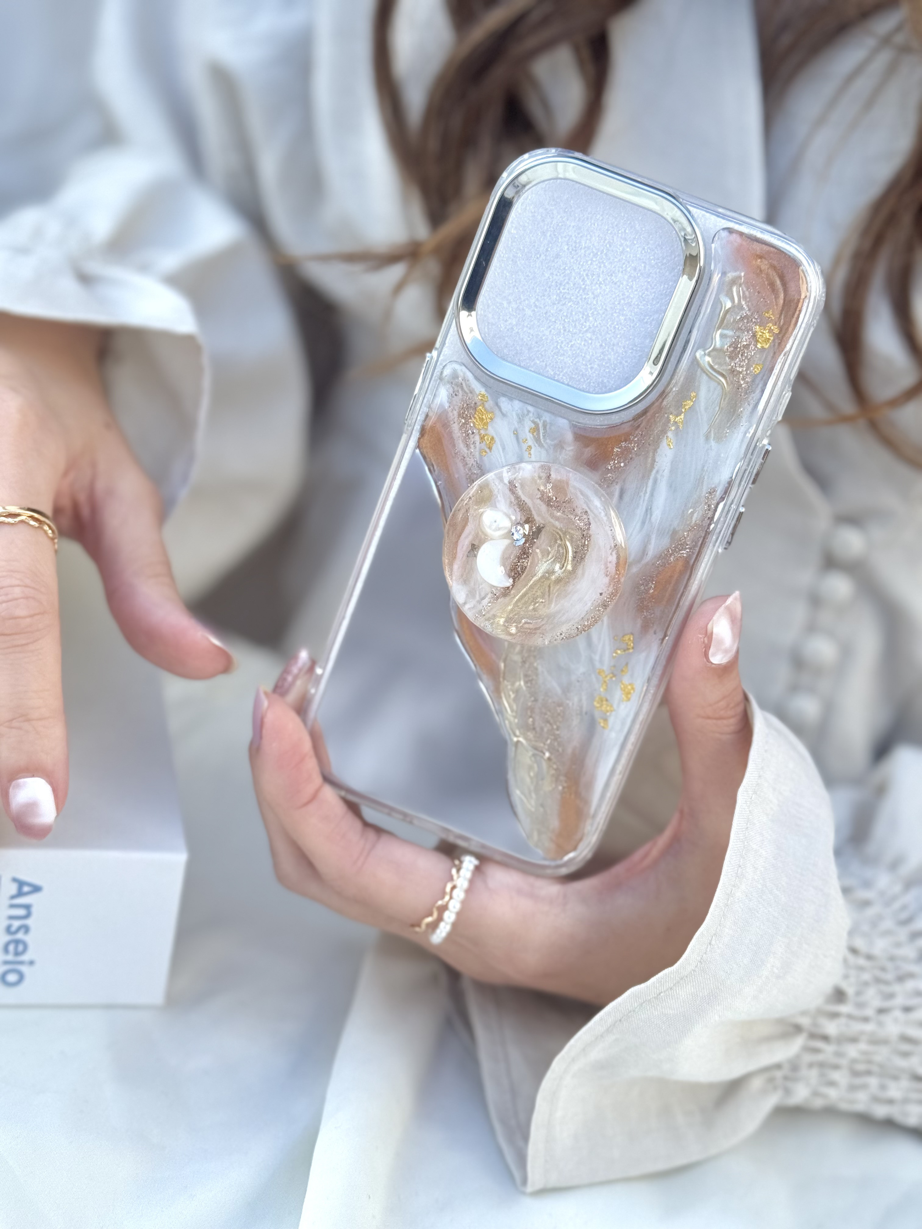 【No.68】ブロンズ ゴールドグリップ付きミラーiPhoneケース