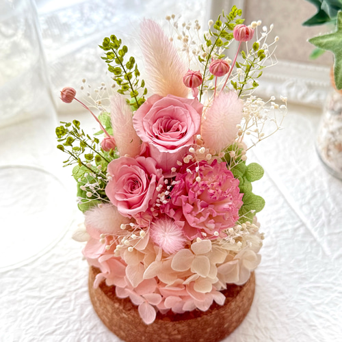 新作プリザーブドフラワーガラスドーム バラカーネーションピンク