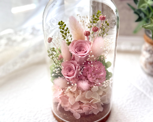 新作プリザーブドフラワーガラスドーム バラカーネーションピンク