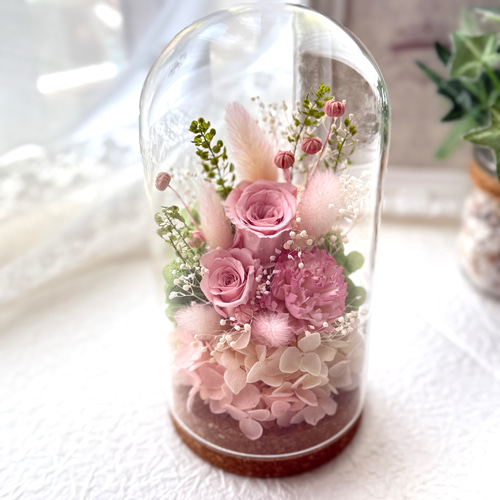 新作プリザーブドフラワーガラスドーム バラカーネーションピンク