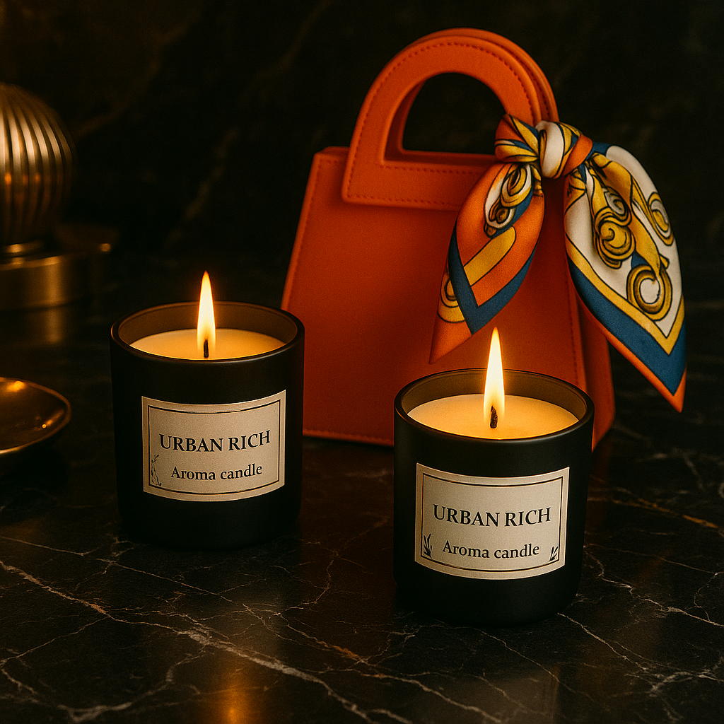 【限定セット・ギフトにも♪】URBAN RICH アロマキャンドル 2個&ミニバッグ付き