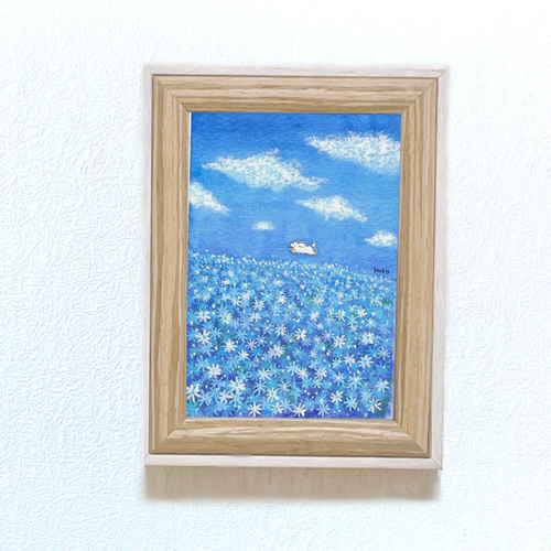 受注制作】青い空と花と白い雲とマルチーズ 絵画 kuro 通販 19242691