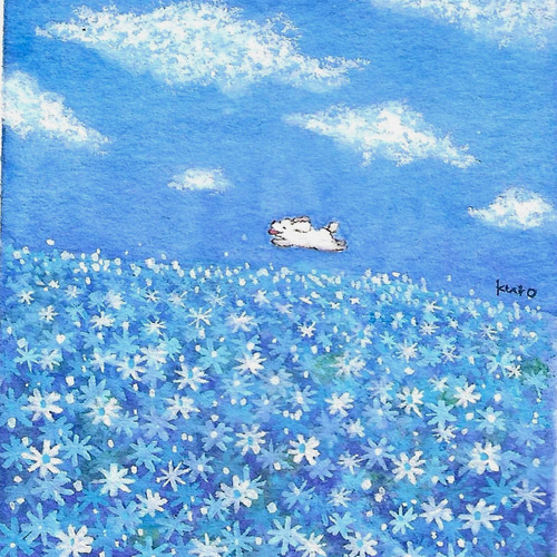 受注制作】青い空と花と白い雲とマルチーズ 絵画 kuro 通販