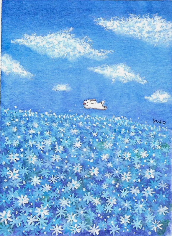 受注制作】青い空と花と白い雲とマルチーズ 絵画 kuro 通販