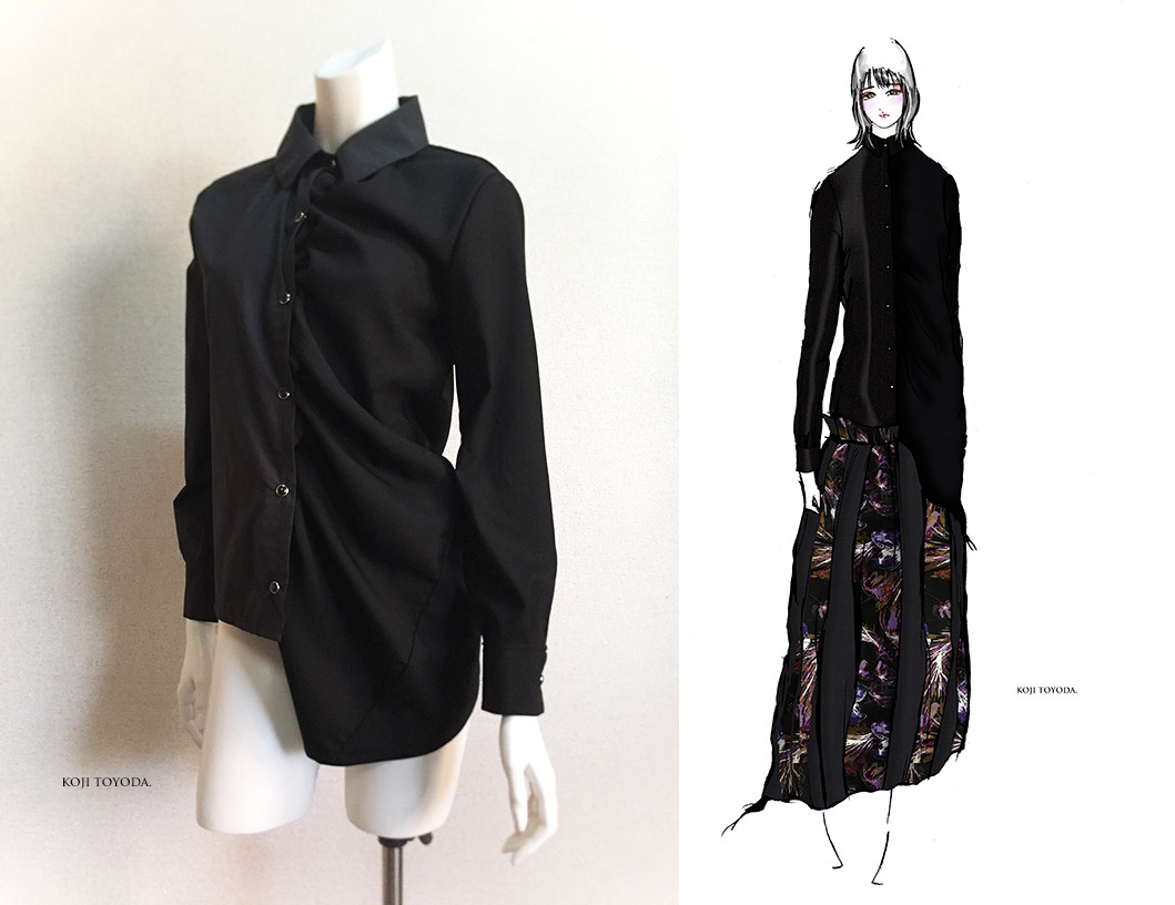 【1点もの・デザイン画付き】尾州ウール生地＆花柄綿プリントシャーリングアシメトリーブラウス（KOJI TOYODA）