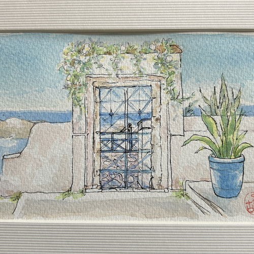エーゲ海の休日(透明水彩、原画、ギリシャ、サントリーニ島、風景画