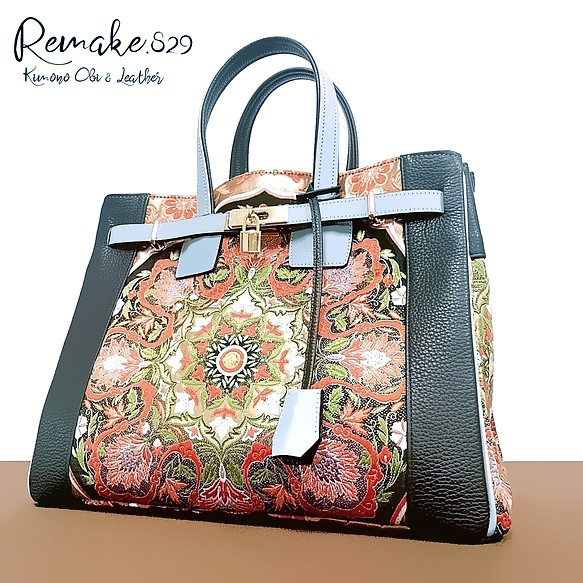 35サイズ#88◆着物帯と本革のリメイクバッグ◆remake.829 日本職◆kimonoremake