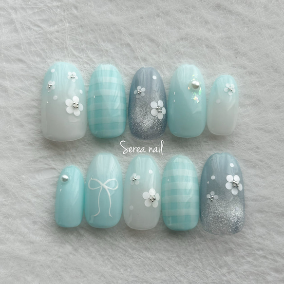 ホロフラワーネイルチップ ［マグ.ギンガムチェック.シャーベット