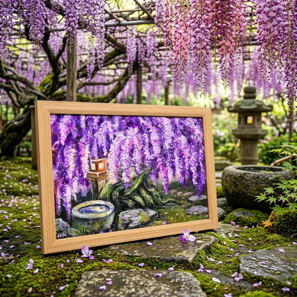 原画】藤の花と石灯籠「紫翠の庭」春の息吹を感じる油彩画 絵画 HR