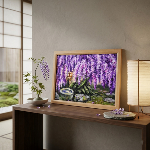 原画】藤の花と石灯籠「紫翠の庭」春の息吹を感じる油彩画 絵画 HR
