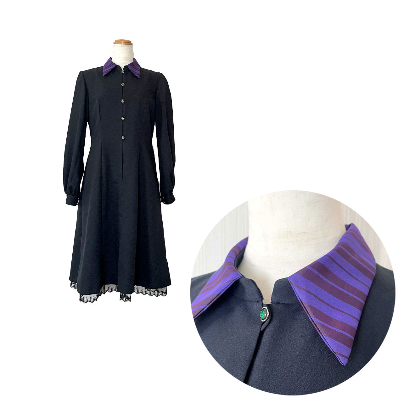 長袖ワンピース【銘仙】黒 * 青ストライプ / プリンセスライン * パフスリーブ * レース / 一点物