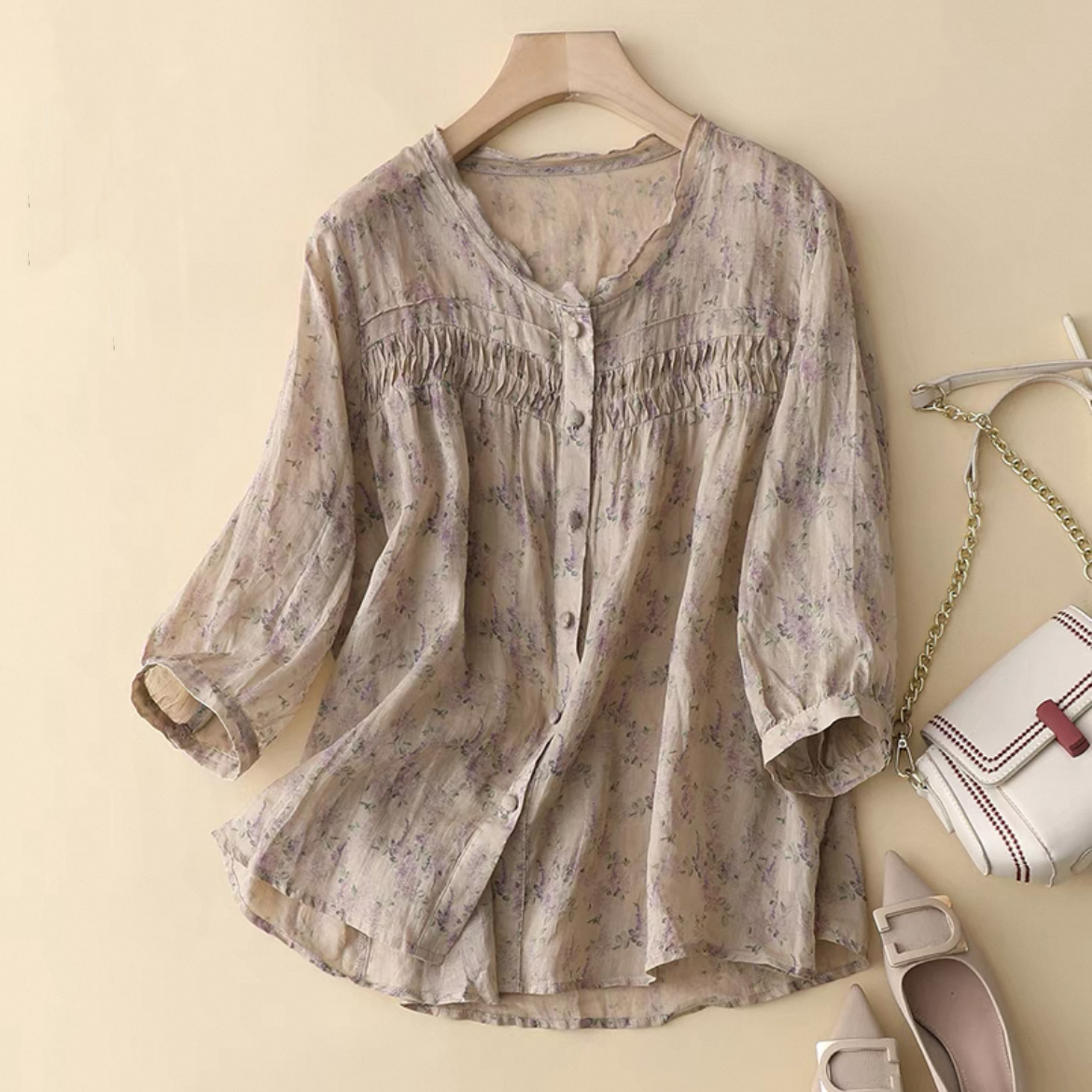 ゆったりトップス、シャツ、綿麻、花柄、夏、大人、春色