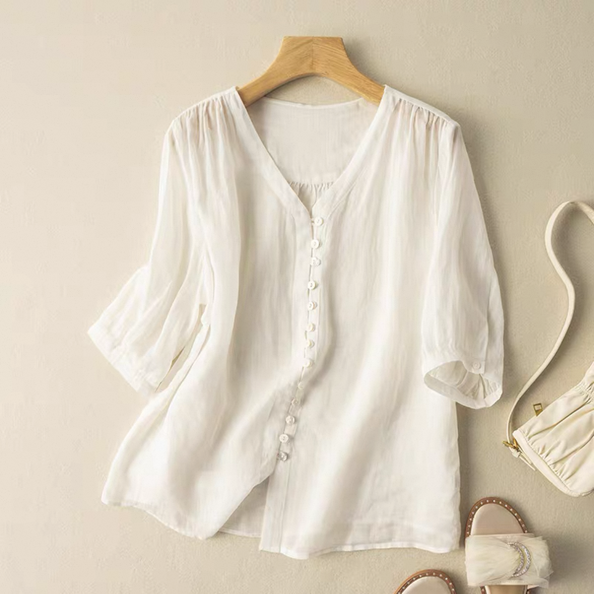 ゆったりトップス、シャツ、綿麻、無地、夏、大人、春色