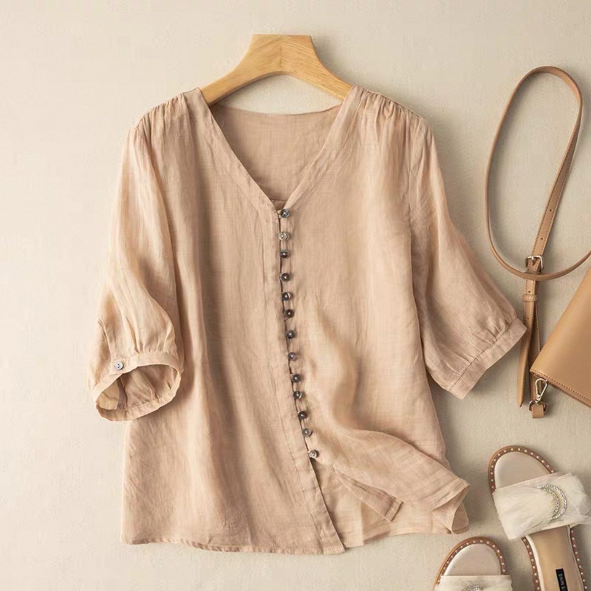 ゆったりトップス、シャツ、綿麻、無地、夏、大人、春色