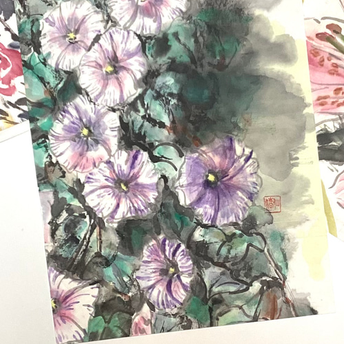 『朝顔』墨絵アート 水墨画 インテリアアート 雑貨ギフト 絵画 ガーデニング 5,500『Morning Glory Garden〜庭に咲く朝顔』墨絵アート 水墨画