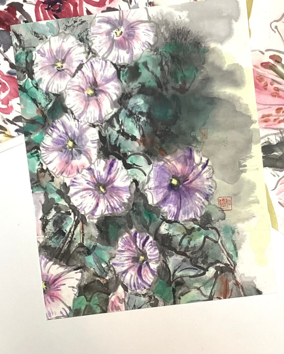 『朝顔』墨絵アート 水墨画 インテリアアート 雑貨ギフト 絵画 ガーデニング 5,500『Morning Glory Garden〜庭に咲く朝顔』墨絵アート 水墨画