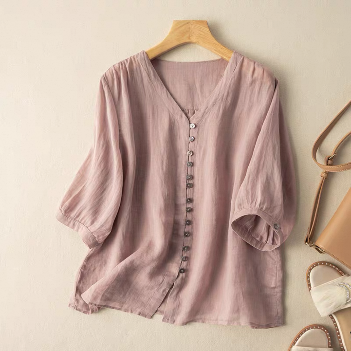 ゆったりトップス、シャツ、綿麻、無地、夏、大人、春色