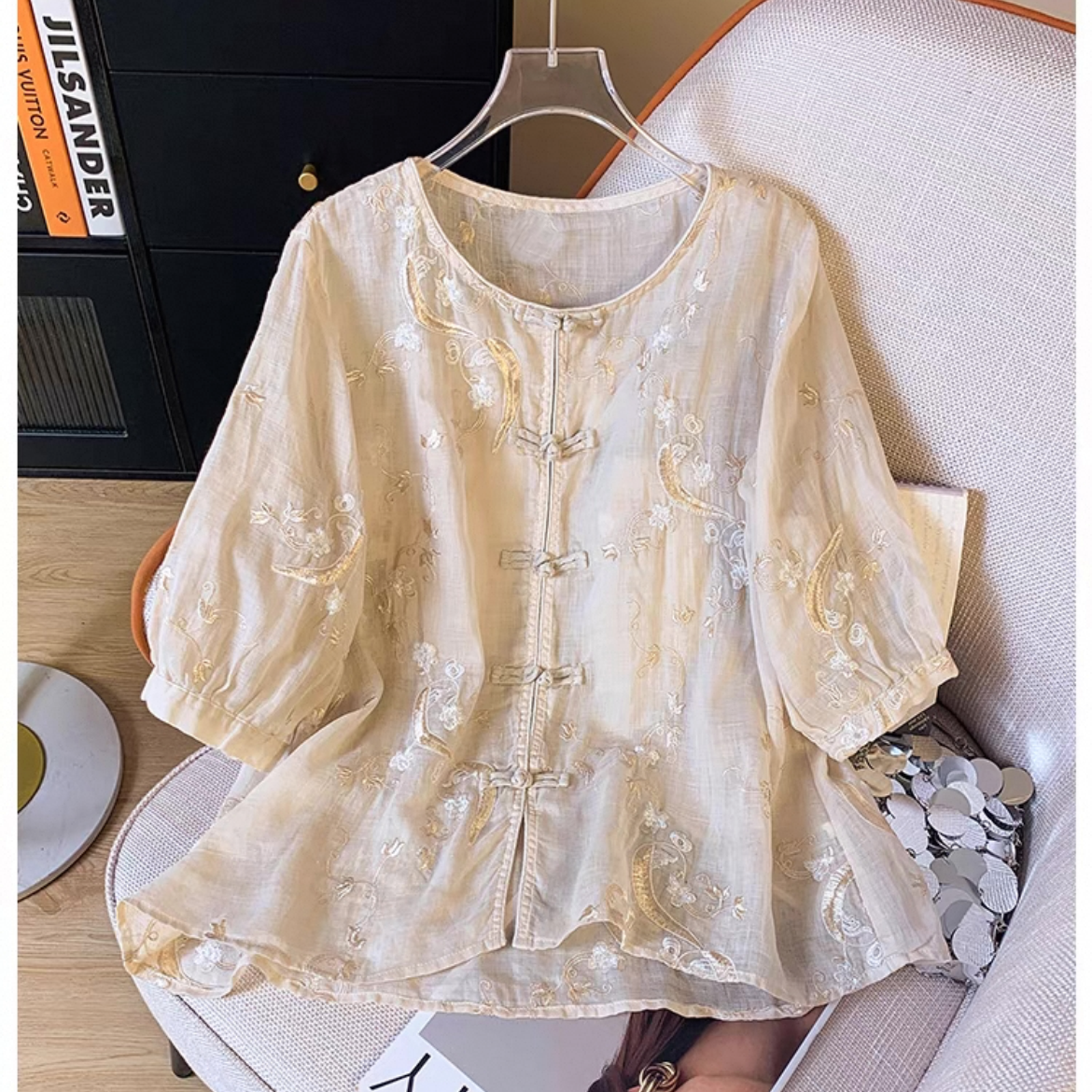 ゆったりトップス、シャツ、綿麻、無地、夏、大人、春色、刺繍