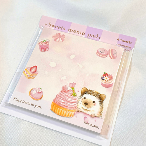 ブロックメモ帳 【桜のモンブランとハリネズミ】40枚綴り 水彩イラスト