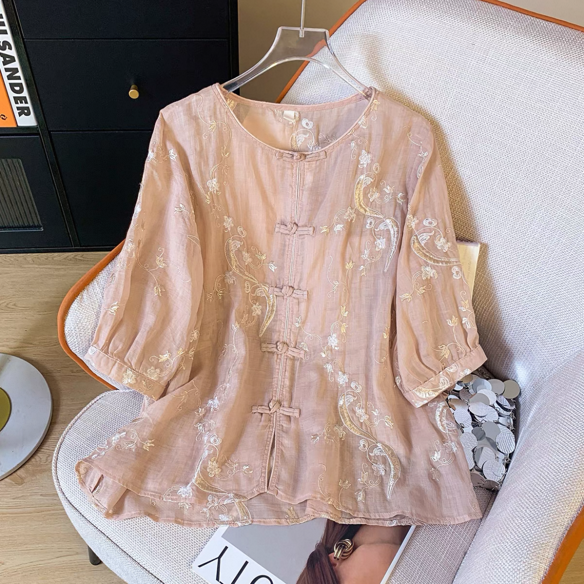 ゆったりトップス、シャツ、綿麻、無地、夏、大人、春色、刺繍