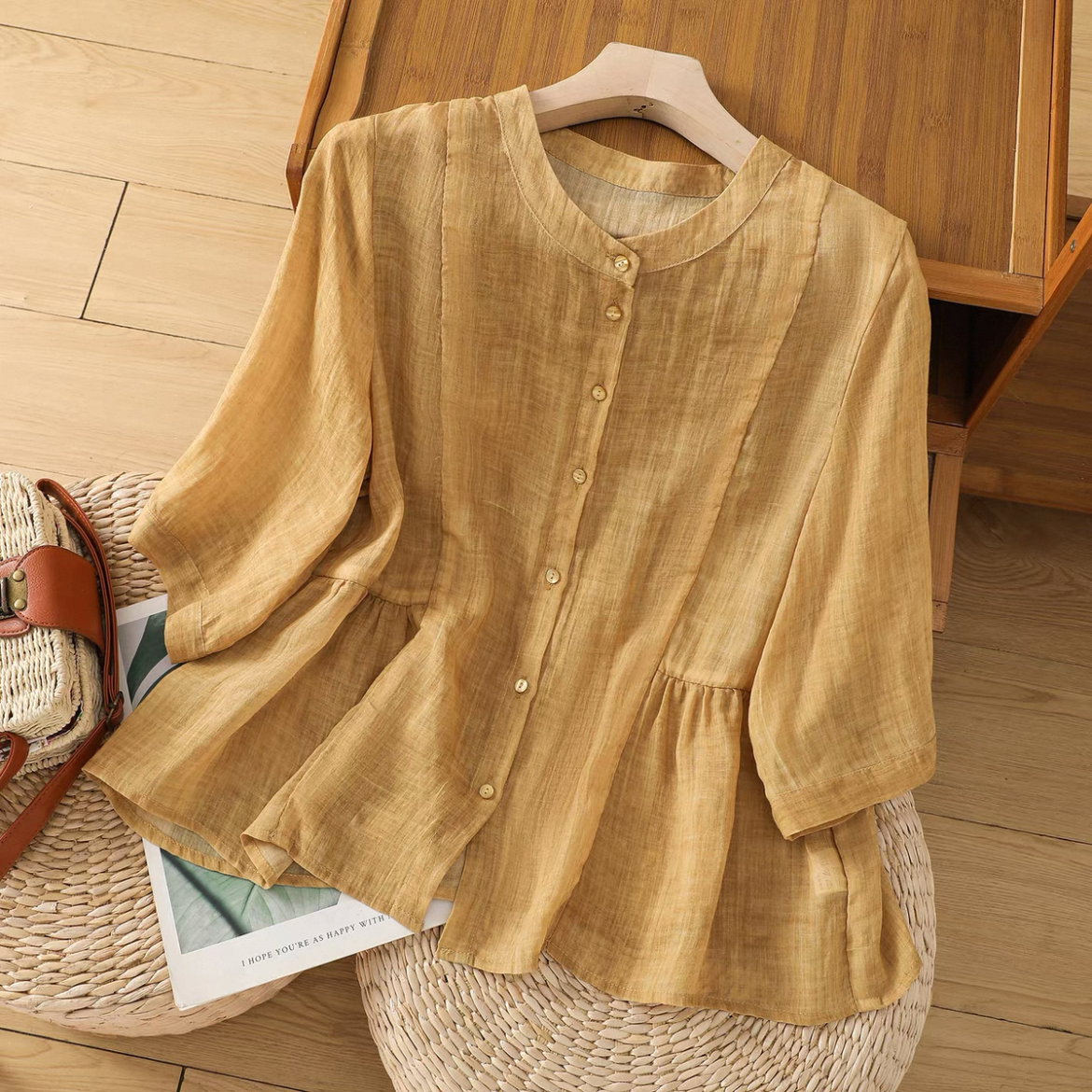 ゆったりトップス、シャツ、綿麻、無地、夏、大人、春色