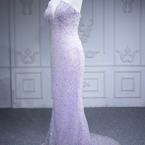 ビーズ装飾 紫 Vネックドレス