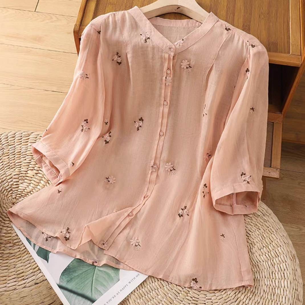 ゆったりトップス、シャツ、綿麻、無地、夏、大人、春色、刺繍