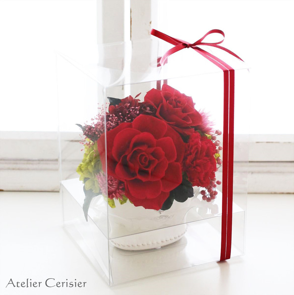 プリザーブドフラワー＜リア Mサイズ＞レッド ローズ＆カーネーション【お祝い】 還暦 5枚目の画像